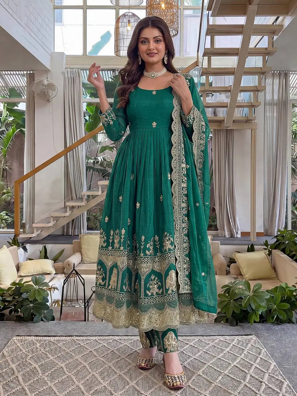 Embroidered Crunchy Silk Gown Set for Festive and Wedding Occasions