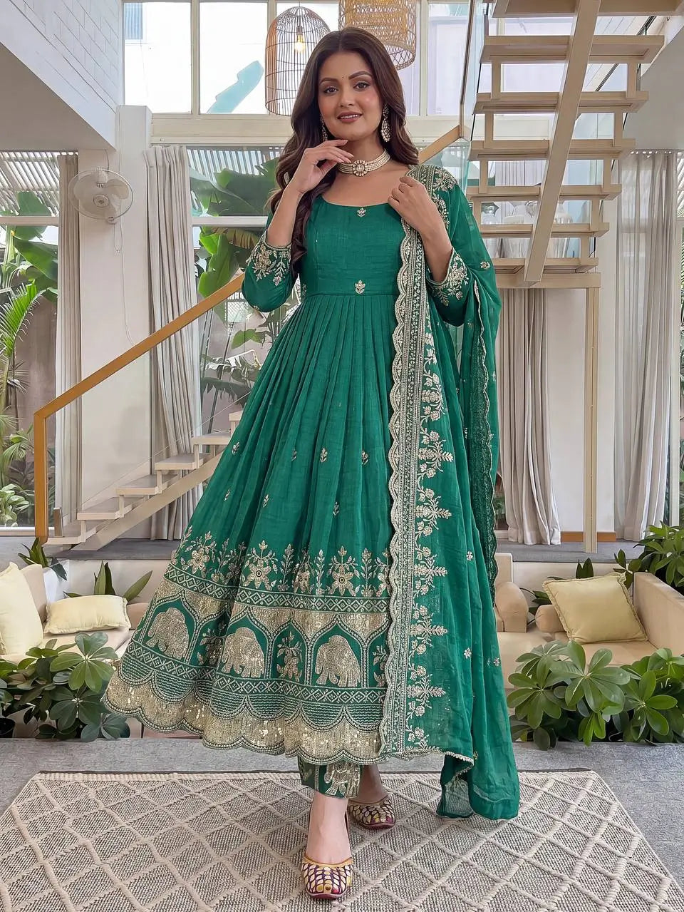 Embroidered Crunchy Silk Gown Set for Festive and Wedding Occasions