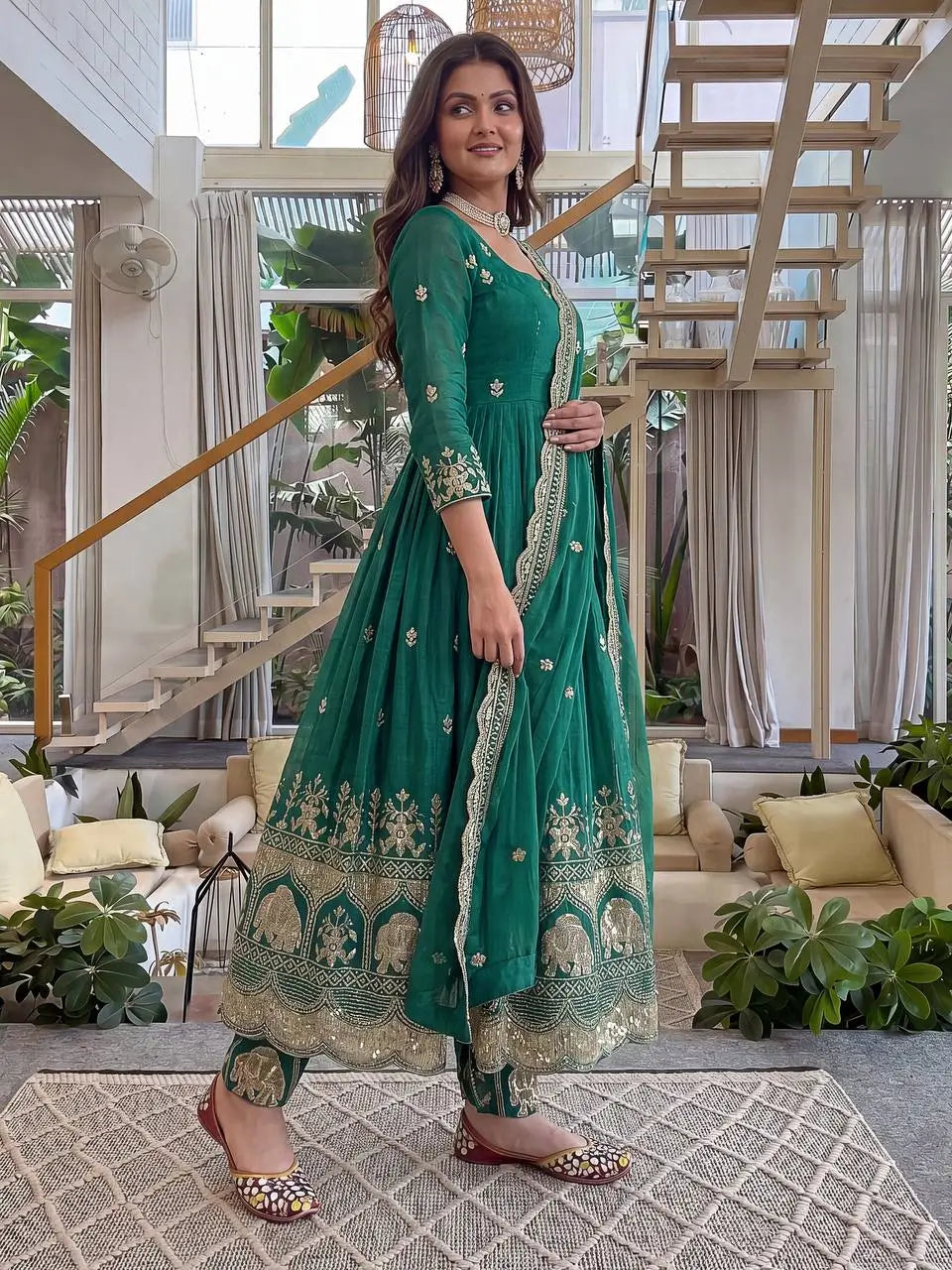 Embroidered Crunchy Silk Gown Set for Festive and Wedding Occasions