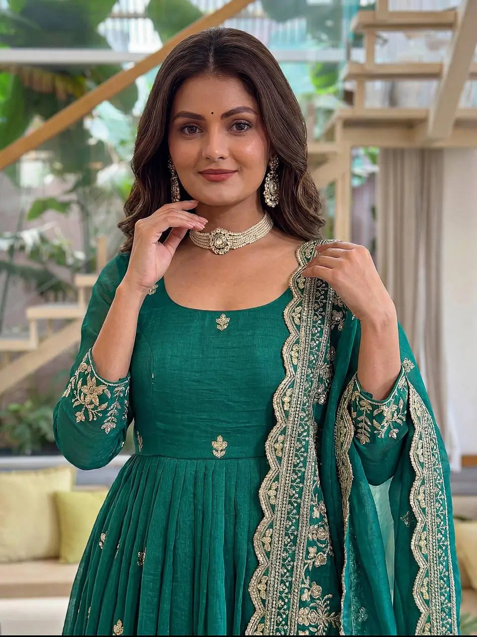 Embroidered Crunchy Silk Gown Set for Festive and Wedding Occasions