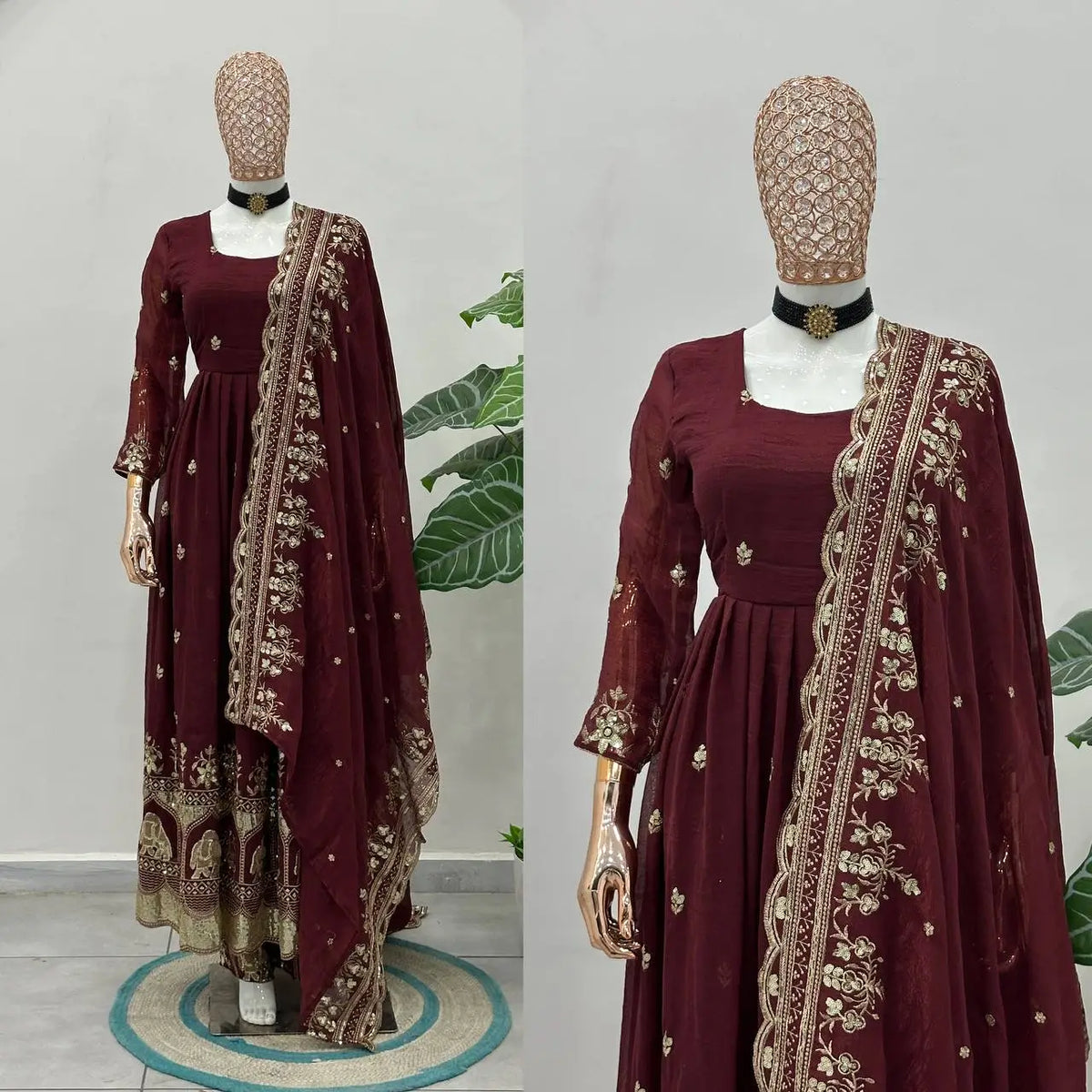 Embroidered Crunchy Silk Gown Set for Festive and Wedding Occasions