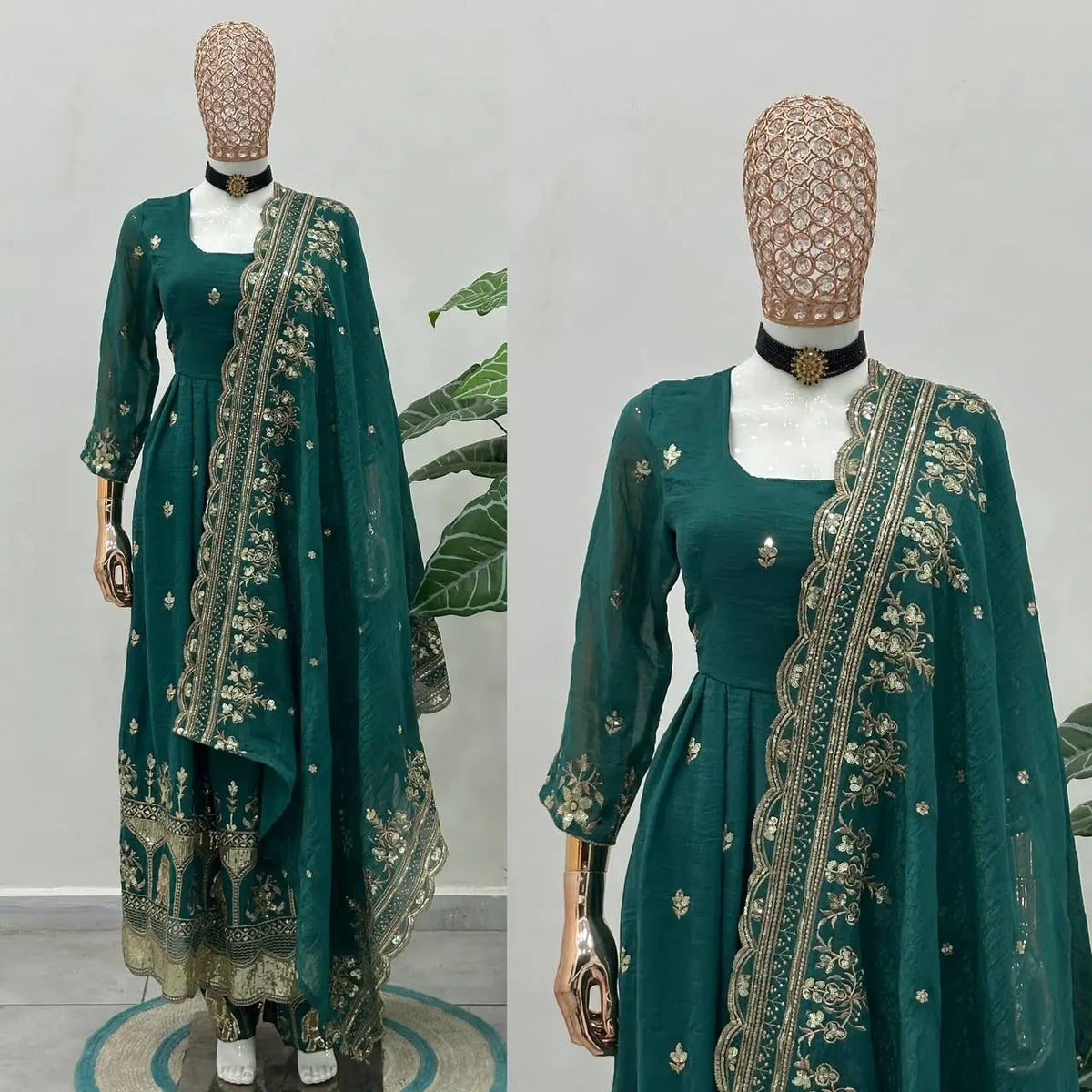 Embroidered Crunchy Silk Gown Set for Festive and Wedding Occasions