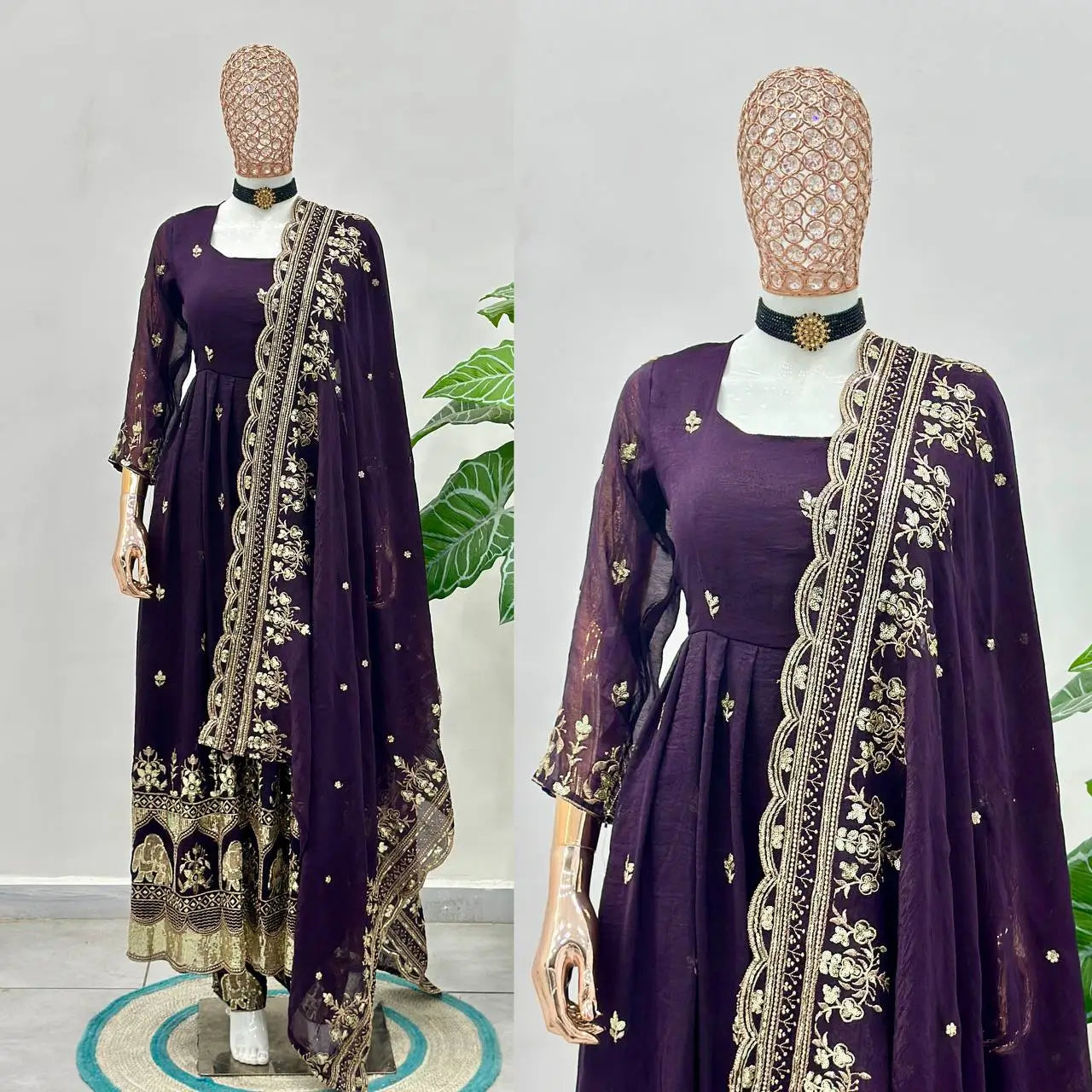 Embroidered Crunchy Silk Gown Set for Festive and Wedding Occasions