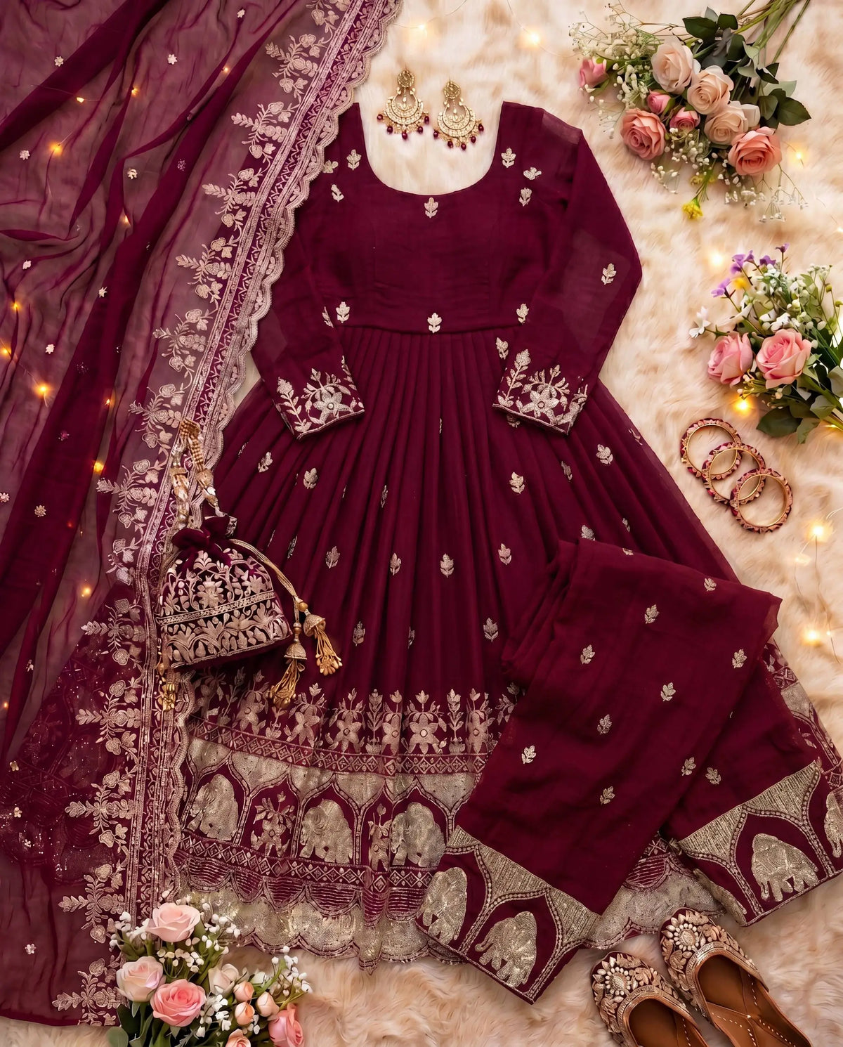 Embroidered Crunchy Silk Gown Set for Festive and Wedding Occasions