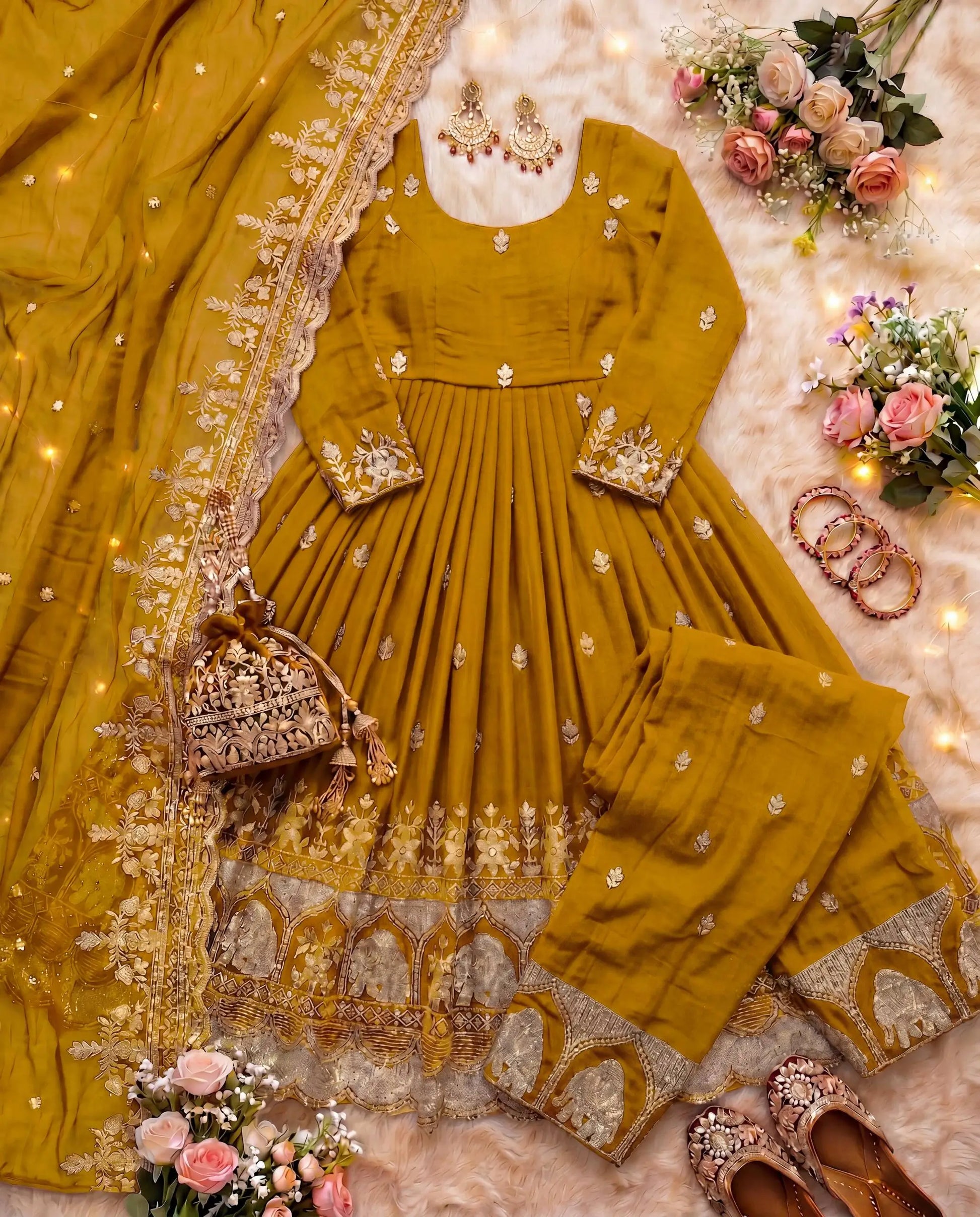 Embroidered Crunchy Silk Gown Set for Festive and Wedding Occasions