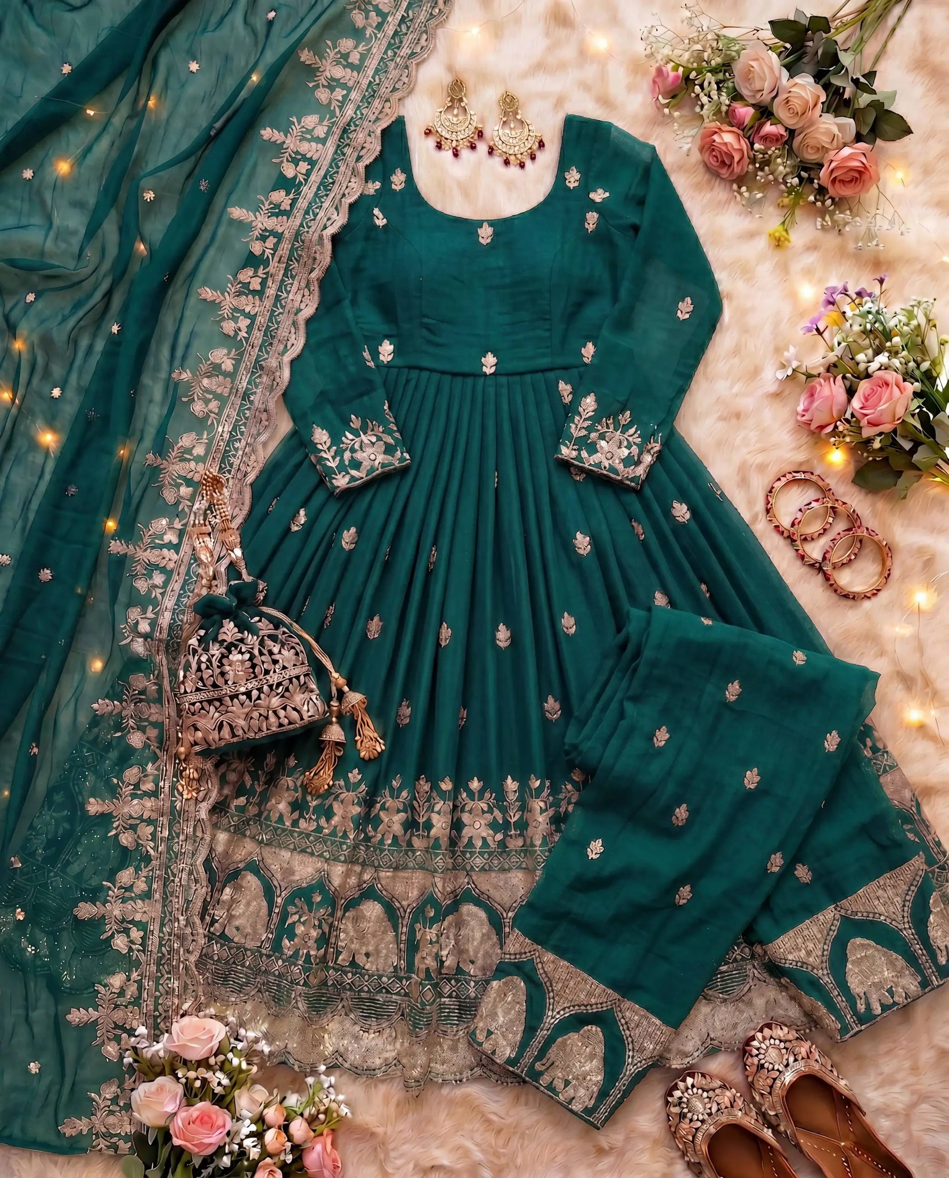 Embroidered Crunchy Silk Gown Set for Festive and Wedding Occasions