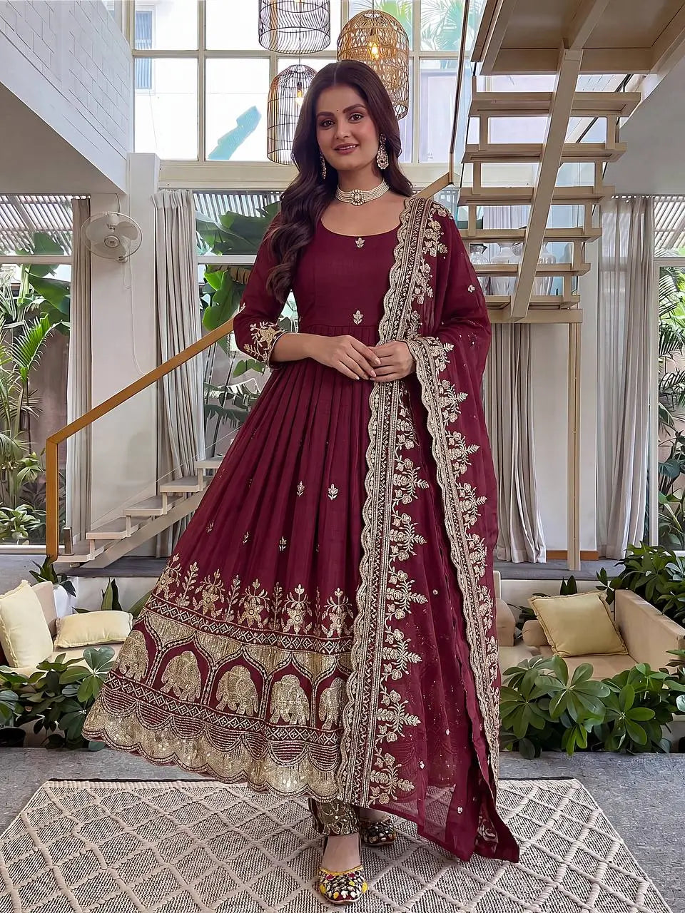 Embroidered Crunchy Silk Gown Set for Festive and Wedding Occasions