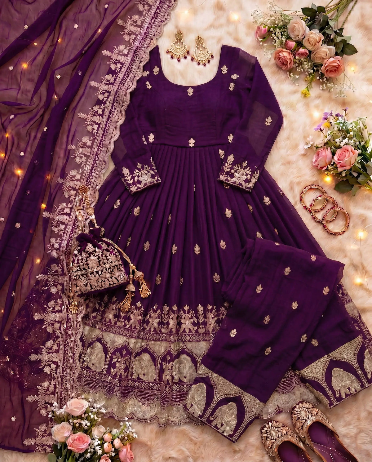 Embroidered Crunchy Silk Gown Set for Festive and Wedding Occasions