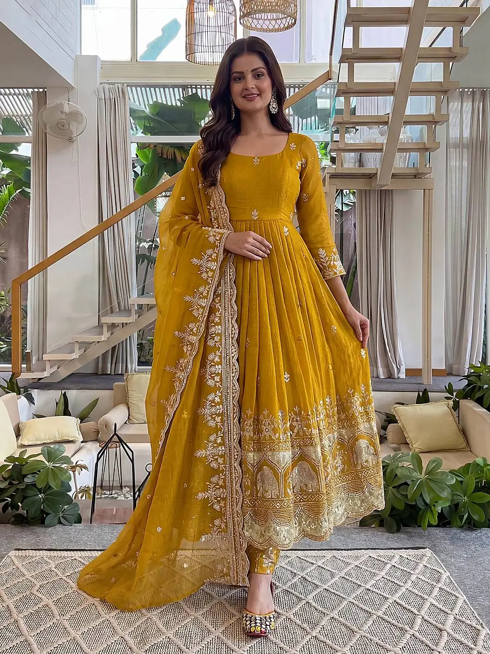 Embroidered Crunchy Silk Gown Set for Festive and Wedding Occasions