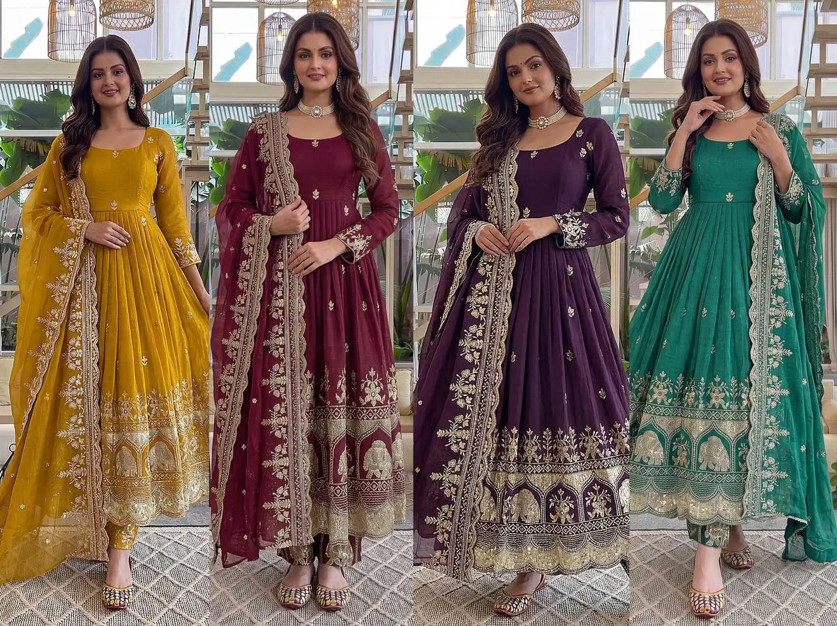 Embroidered Crunchy Silk Gown Set for Festive and Wedding Occasions