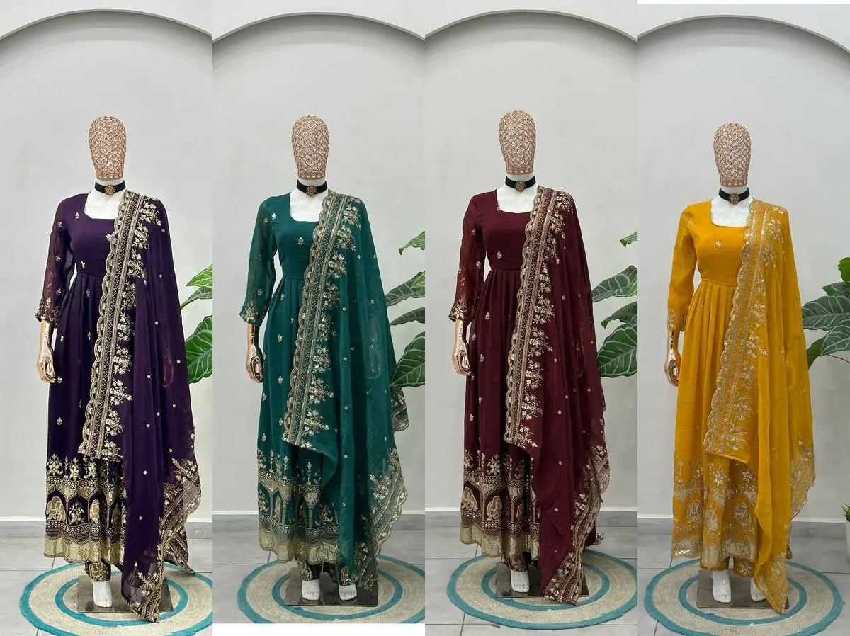 Embroidered Crunchy Silk Gown Set for Festive and Wedding Occasions