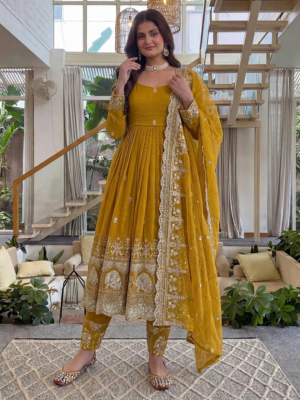 Embroidered Crunchy Silk Gown Set for Festive and Wedding Occasions
