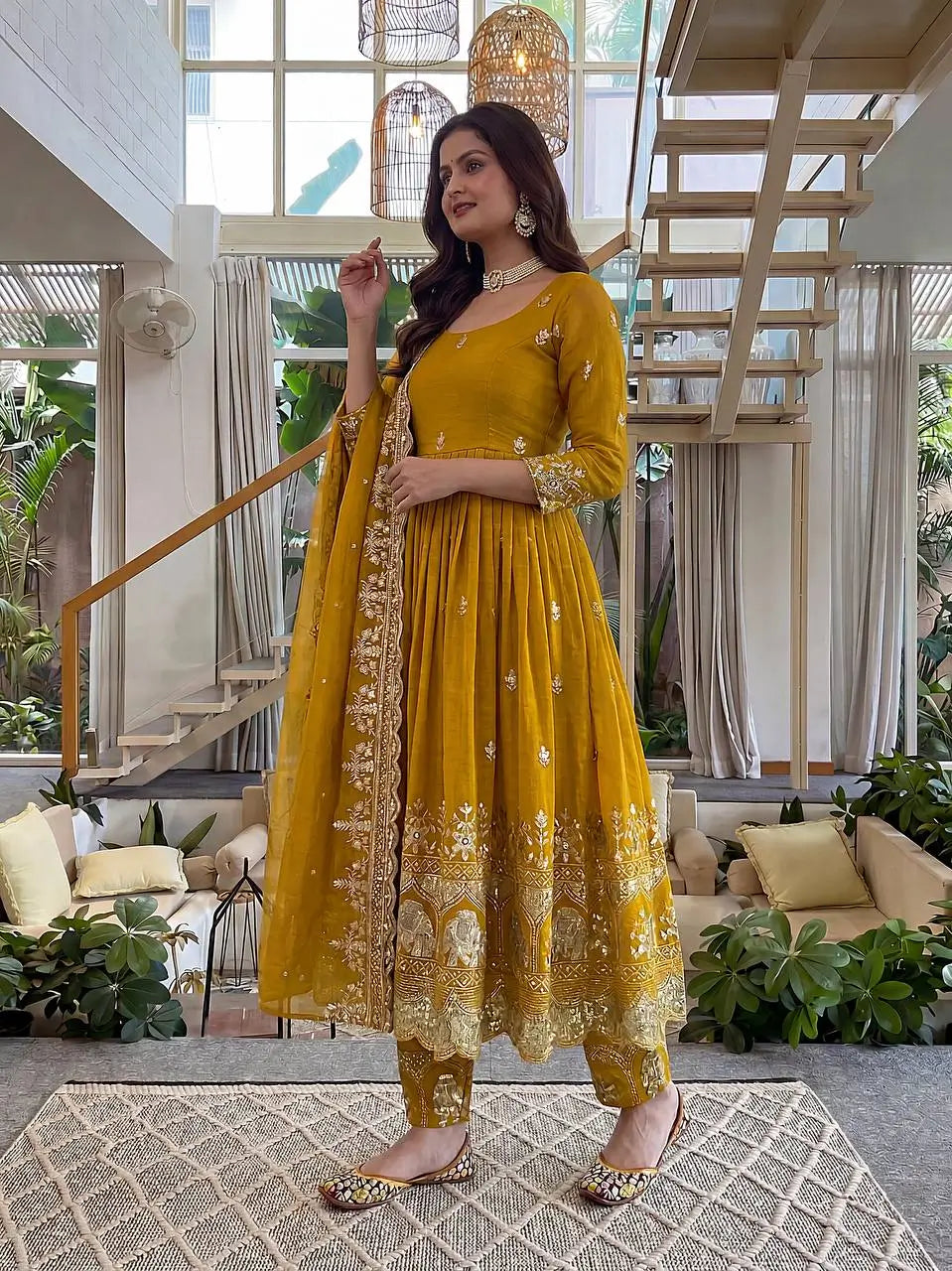 Embroidered Crunchy Silk Gown Set for Festive and Wedding Occasions