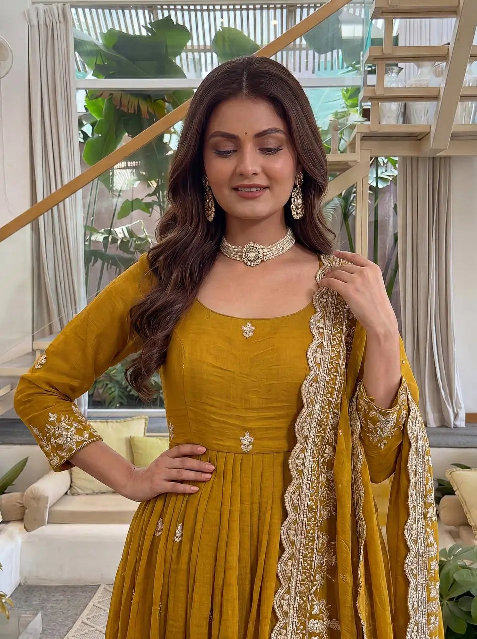 Embroidered Crunchy Silk Gown Set for Festive and Wedding Occasions