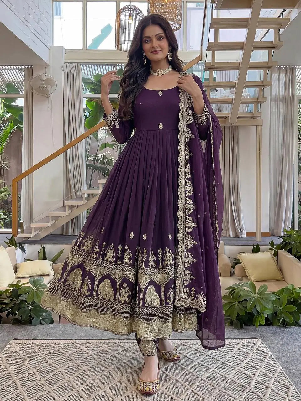 Embroidered Crunchy Silk Gown Set for Festive and Wedding Occasions