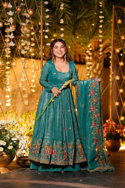 Embroidered Crunchy Silk Gown Sharara Set with Dupatta