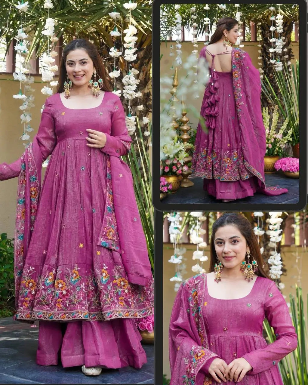 Embroidered Crunchy Silk Gown Sharara Set with Dupatta