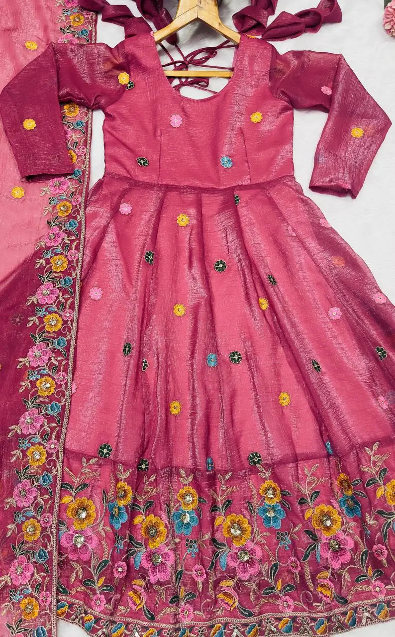 Embroidered Crunchy Silk Gown Sharara Set with Dupatta