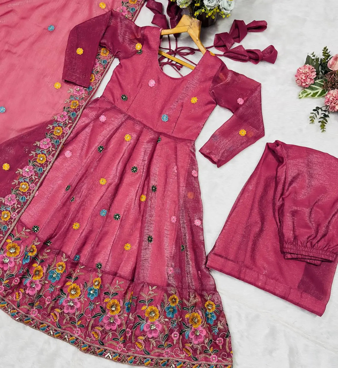 Embroidered Crunchy Silk Gown Sharara Set with Dupatta