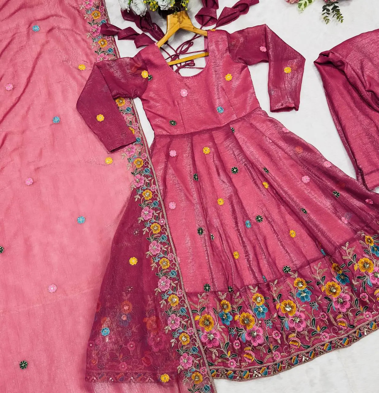 Embroidered Crunchy Silk Gown Sharara Set with Dupatta