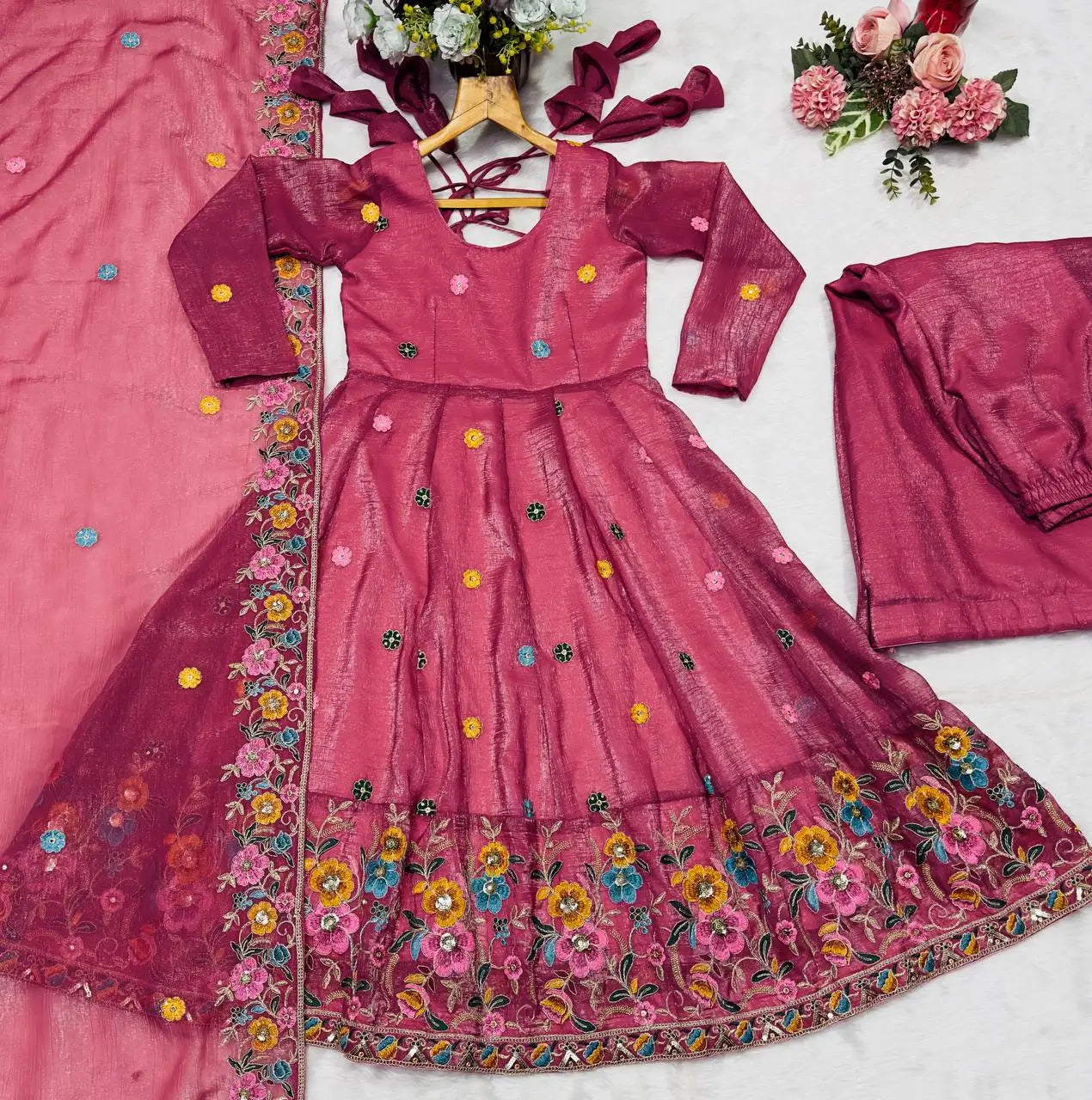 Embroidered Crunchy Silk Gown Sharara Set with Dupatta