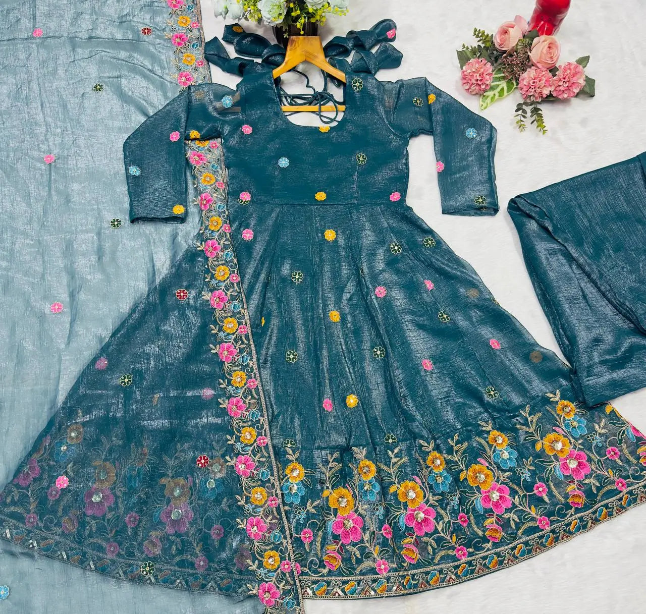 Embroidered Crunchy Silk Gown Sharara Set with Dupatta