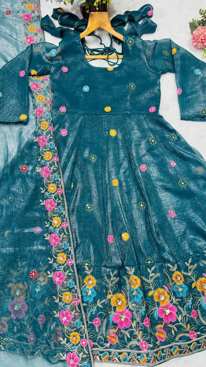 Embroidered Crunchy Silk Gown Sharara Set with Dupatta