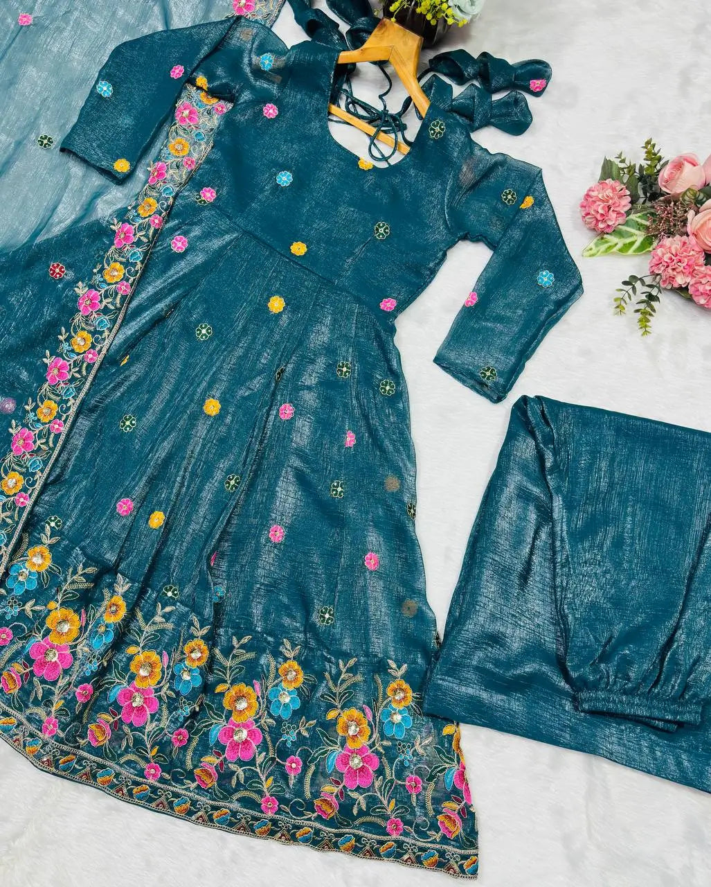 Embroidered Crunchy Silk Gown Sharara Set with Dupatta