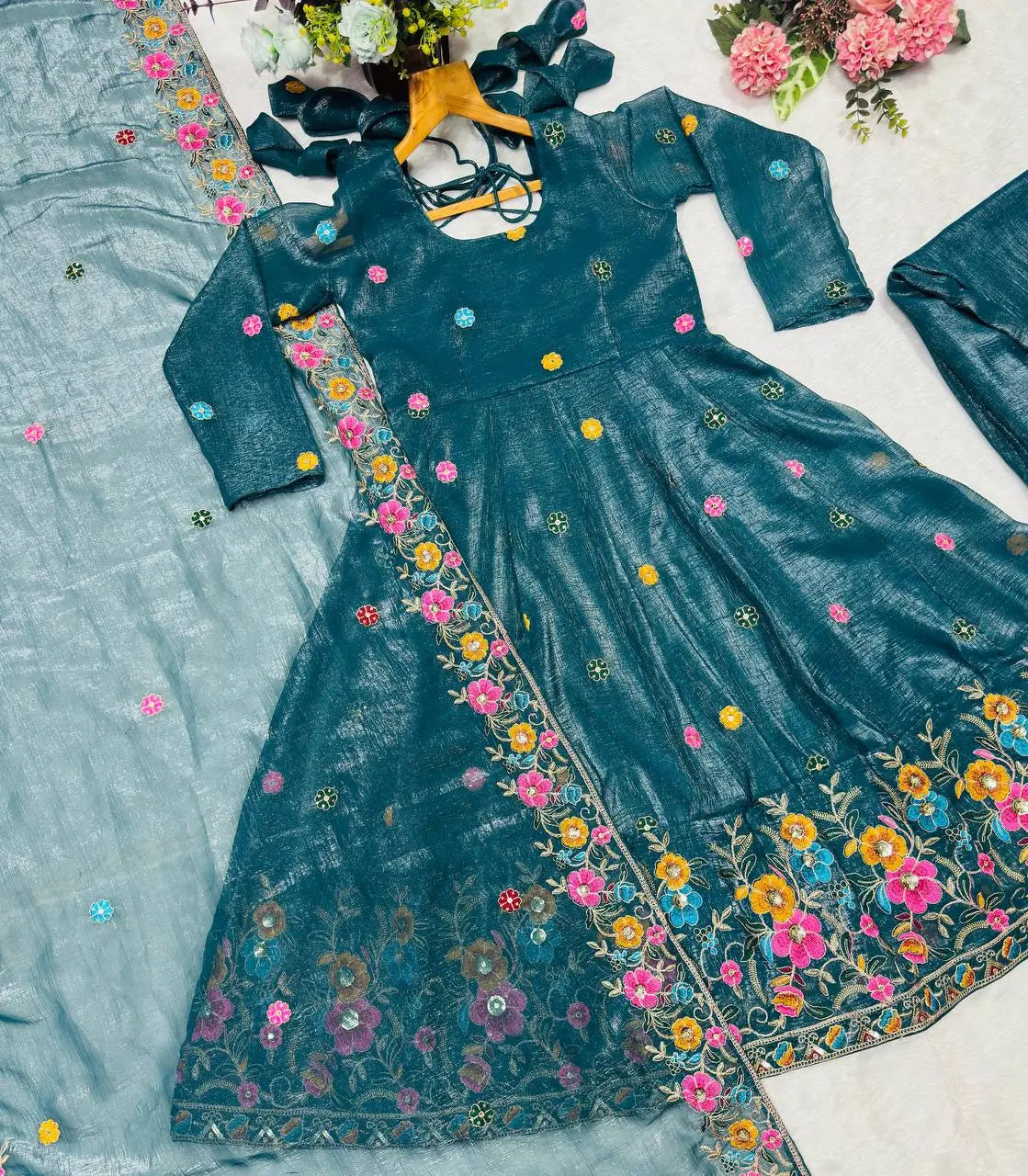 Embroidered Crunchy Silk Gown Sharara Set with Dupatta