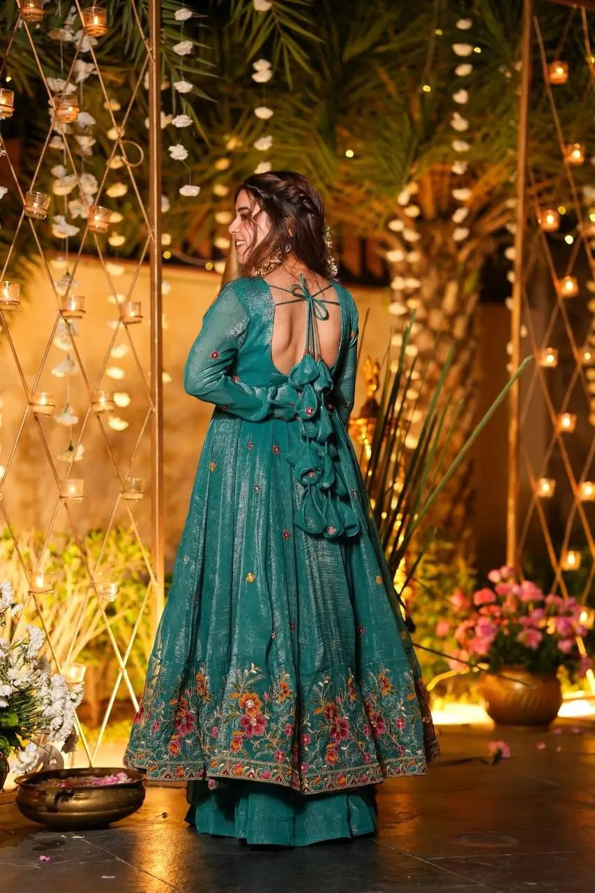 Embroidered Crunchy Silk Gown Sharara Set with Dupatta