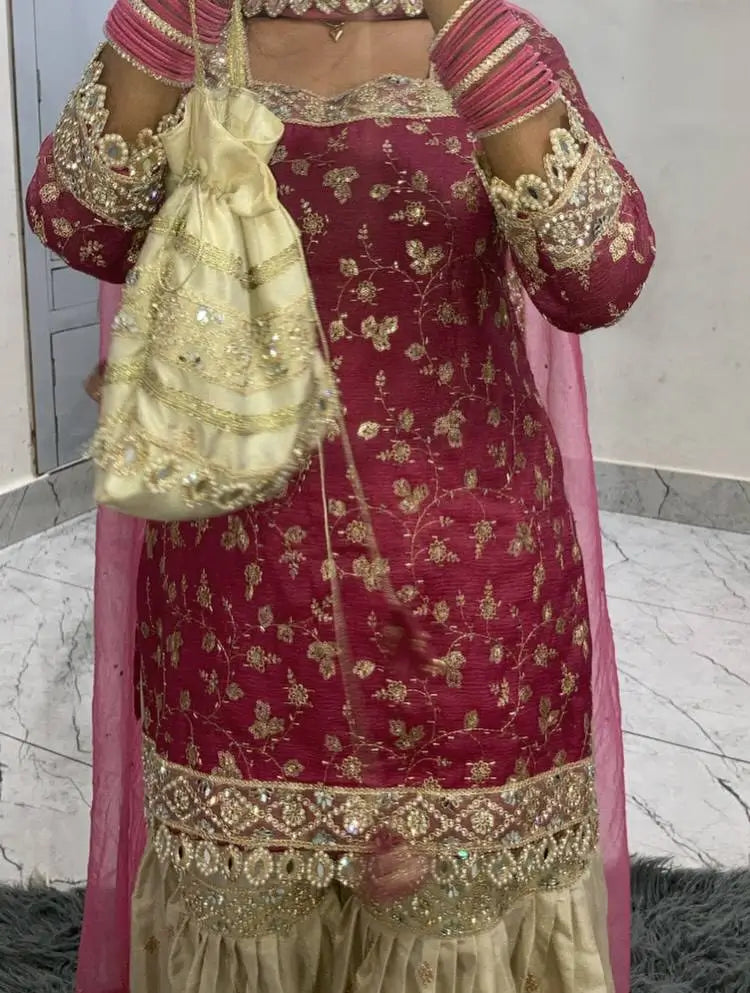 Embroidered Crunchy Silk Kurti Palazzo Set with Net Dupatta