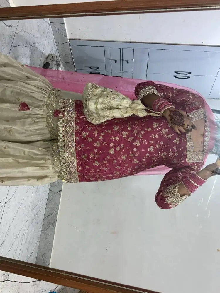 Embroidered Crunchy Silk Kurti Palazzo Set with Net Dupatta