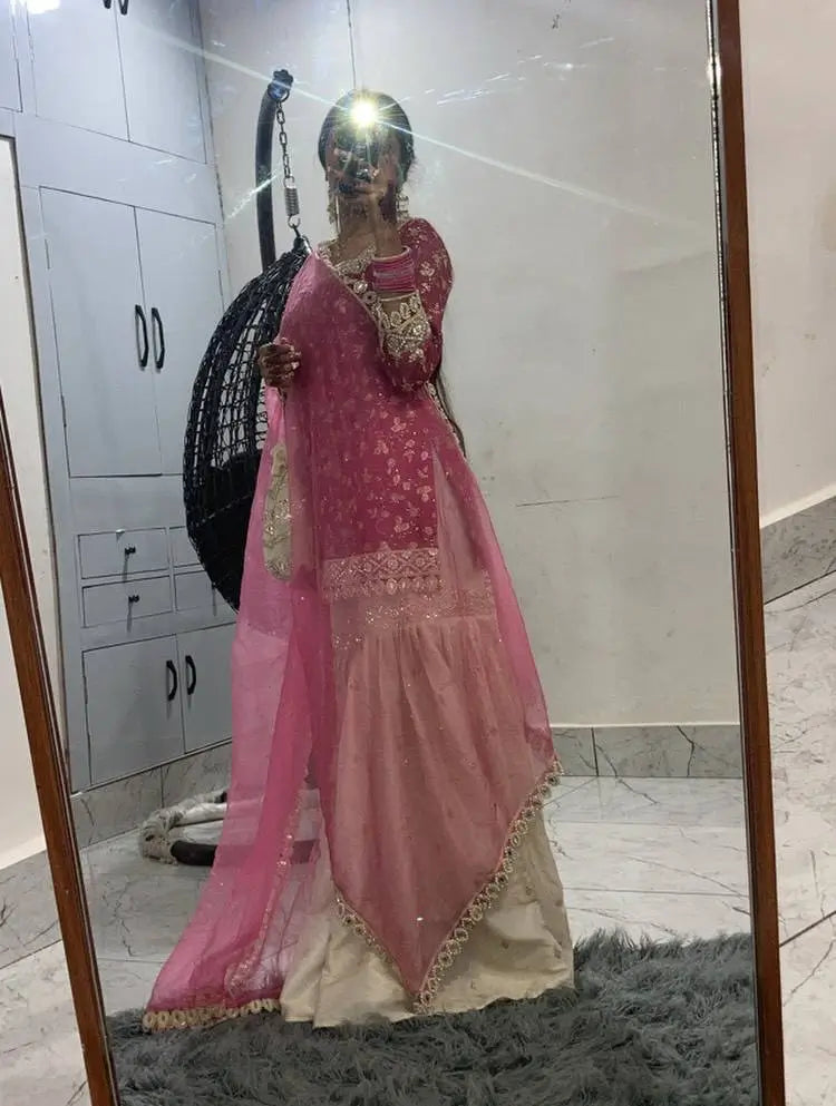 Embroidered Crunchy Silk Kurti Palazzo Set with Net Dupatta