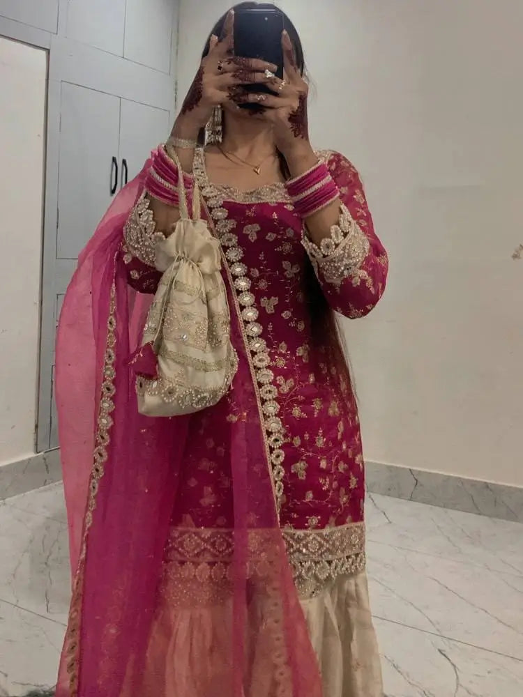 Embroidered Crunchy Silk Kurti Palazzo Set with Net Dupatta