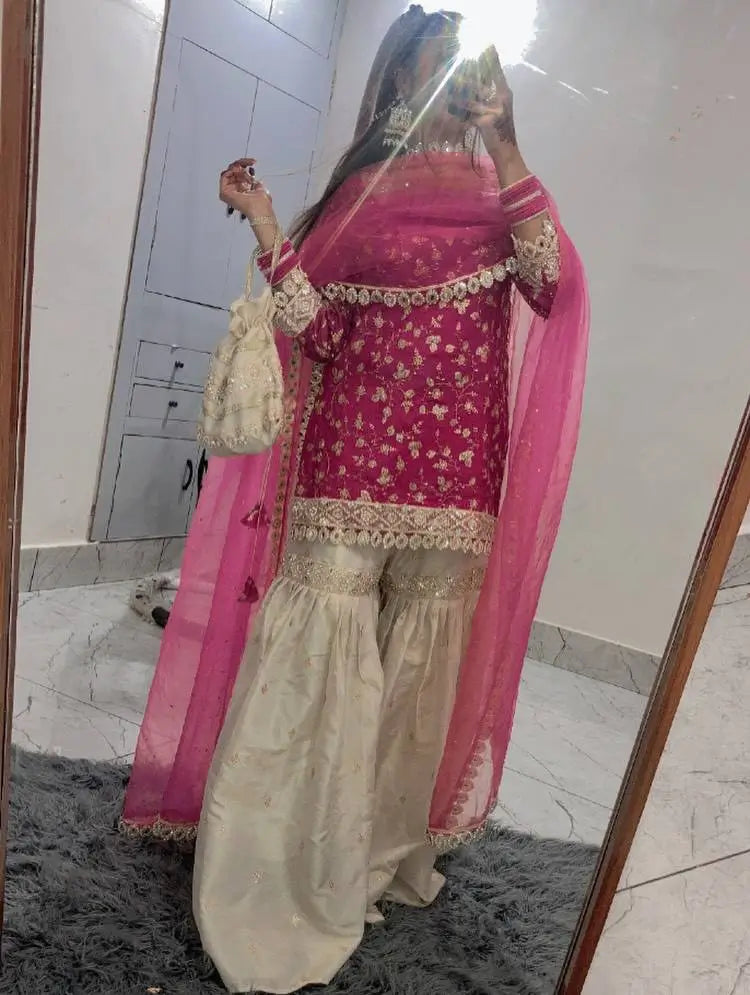 Embroidered Crunchy Silk Kurti Palazzo Set with Net Dupatta