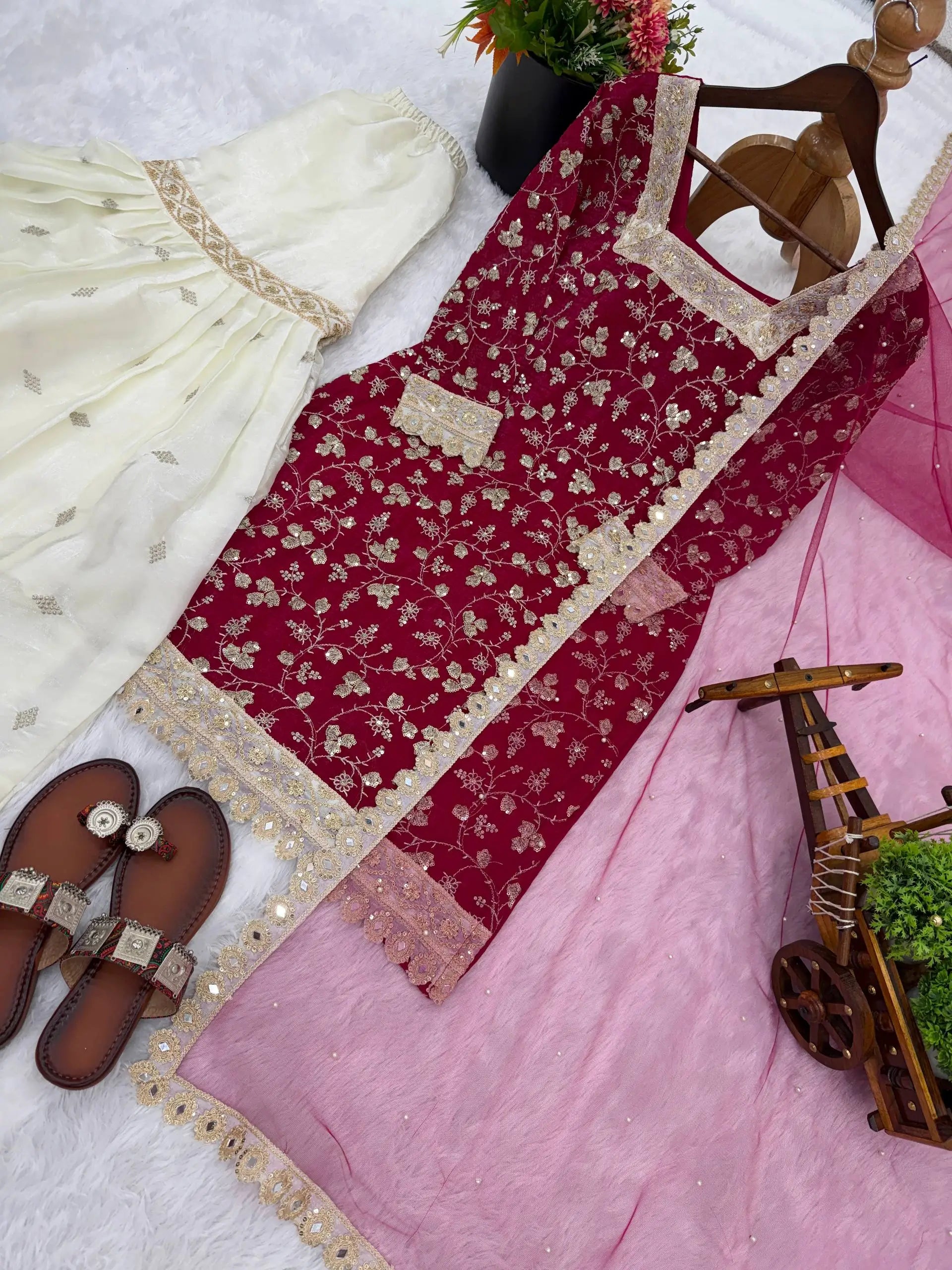 Embroidered Crunchy Silk Kurti Palazzo Set with Net Dupatta