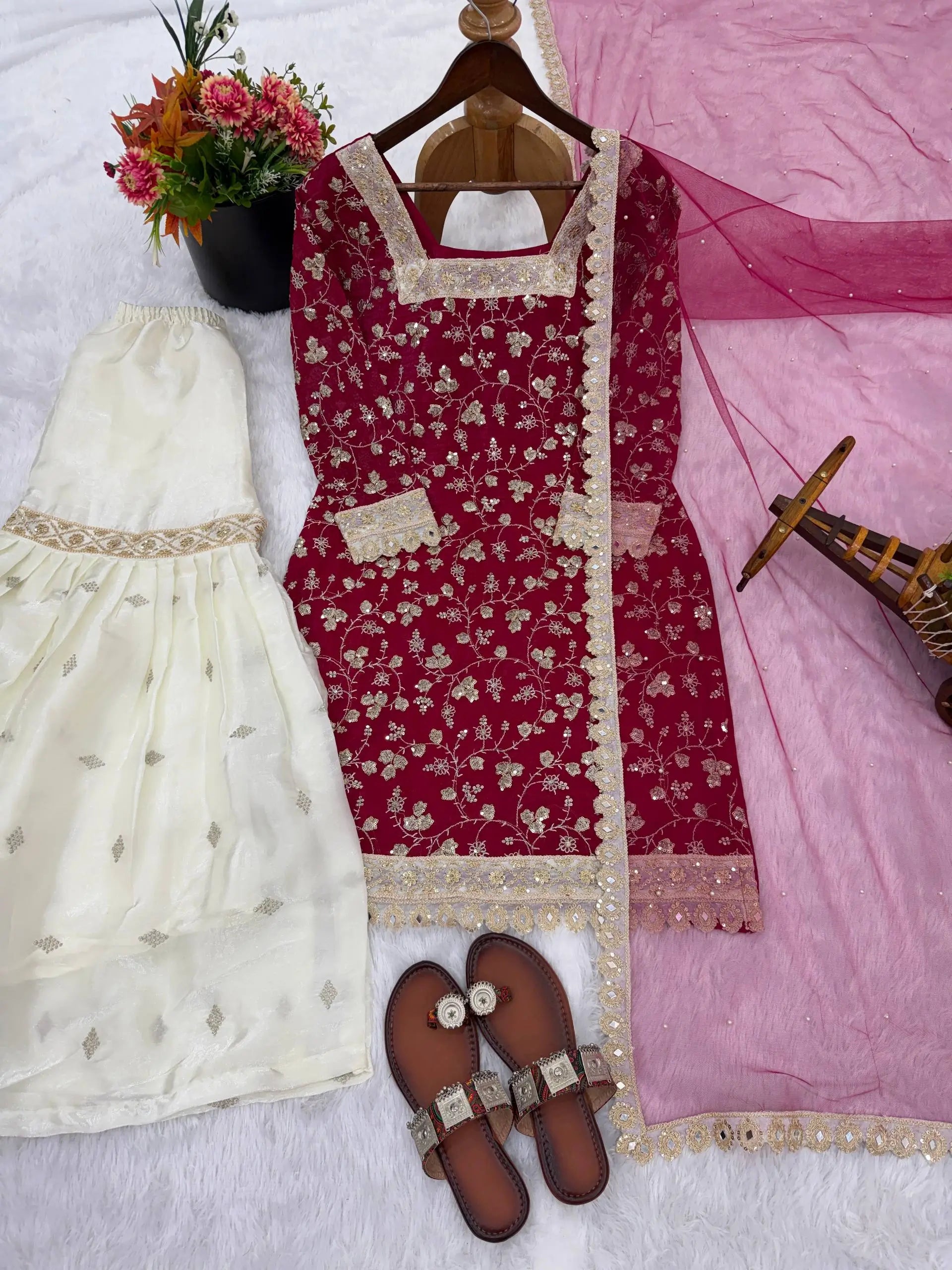 Embroidered Crunchy Silk Kurti Palazzo Set with Net Dupatta