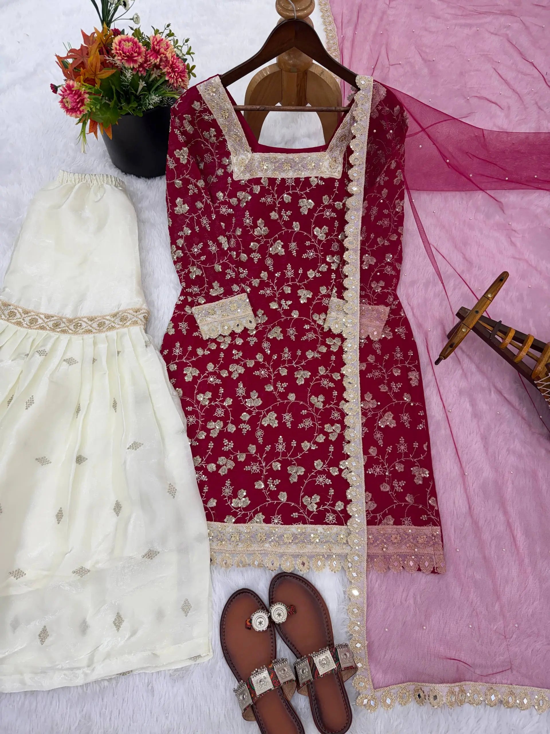 Embroidered Crunchy Silk Kurti Palazzo Set with Net Dupatta