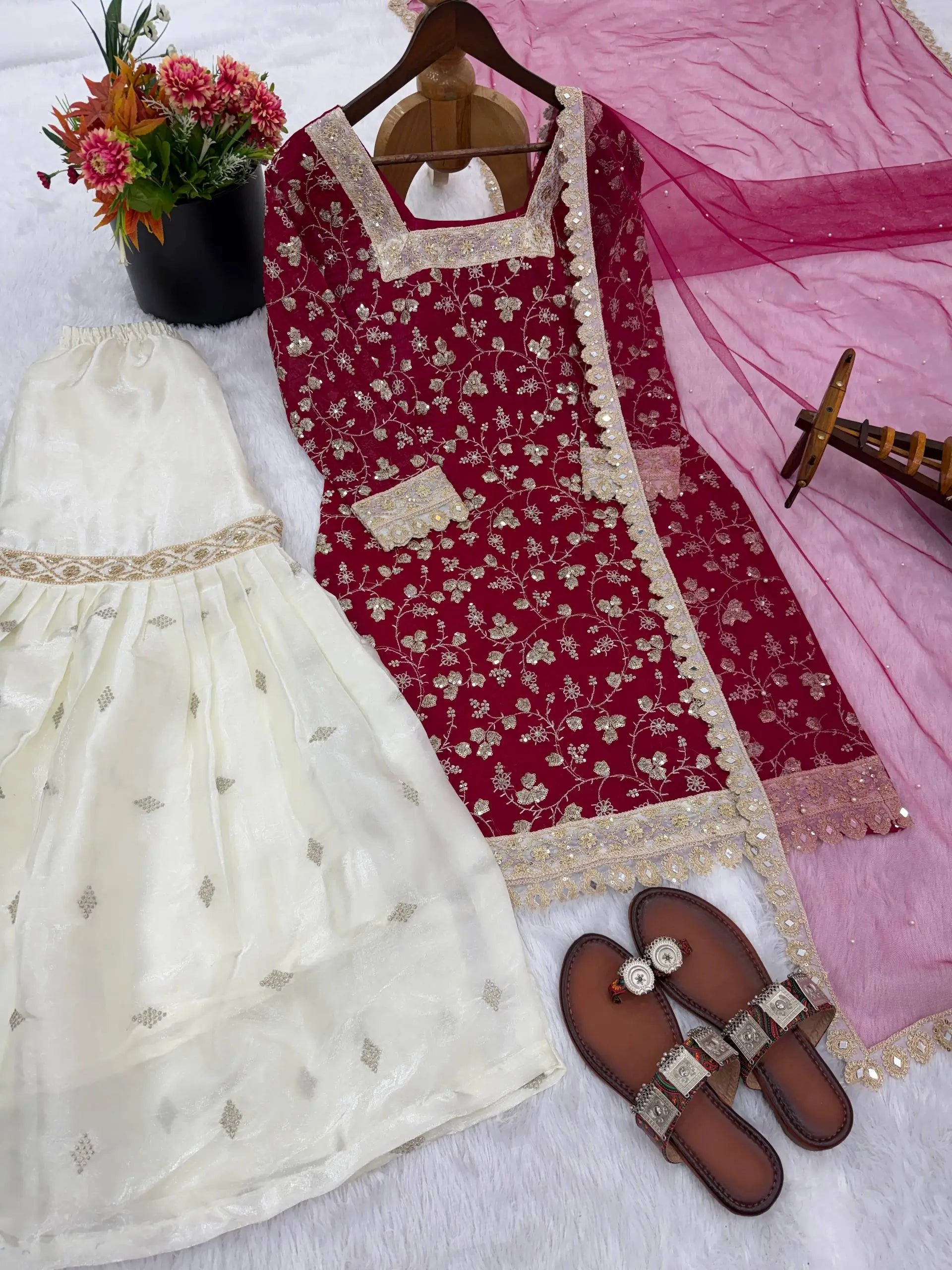 Embroidered Crunchy Silk Kurti Palazzo Set with Net Dupatta