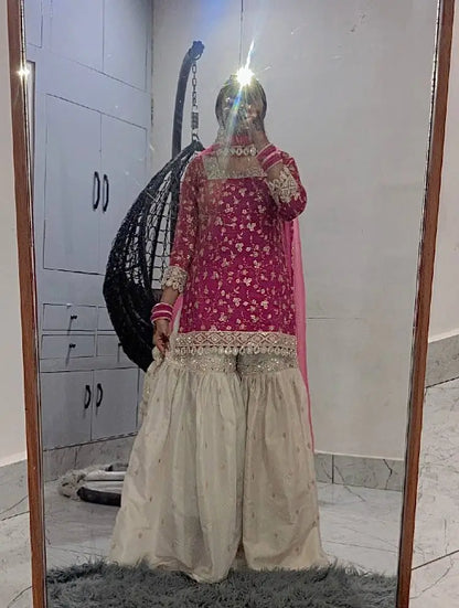 Embroidered Crunchy Silk Kurti Palazzo Set with Net Dupatta