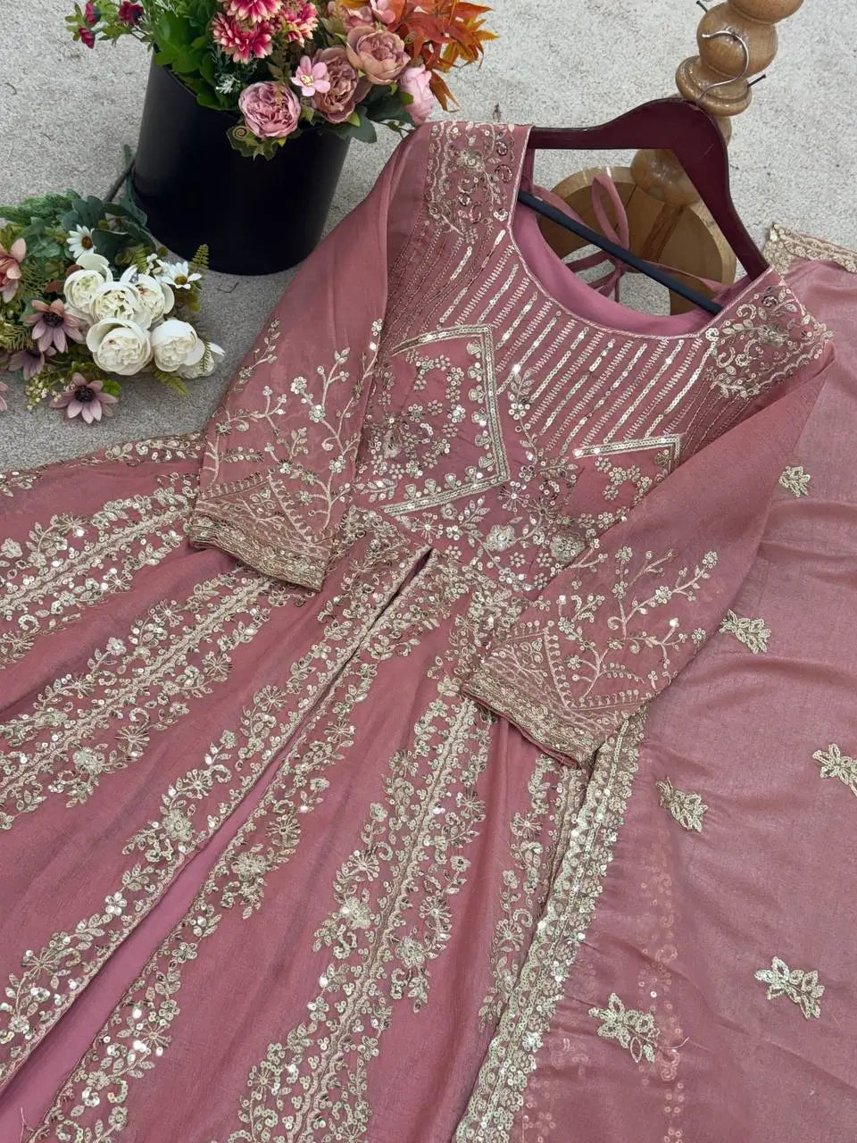 Embroidered Crunchy Silk Palazzo Suit Set