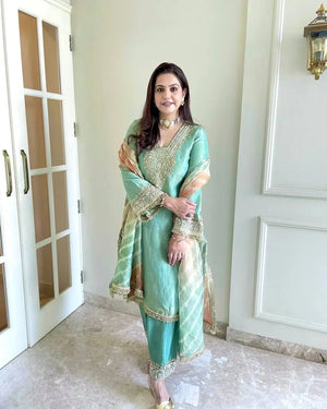 Embroidered Crunchy Silk Palazzo Suit Set