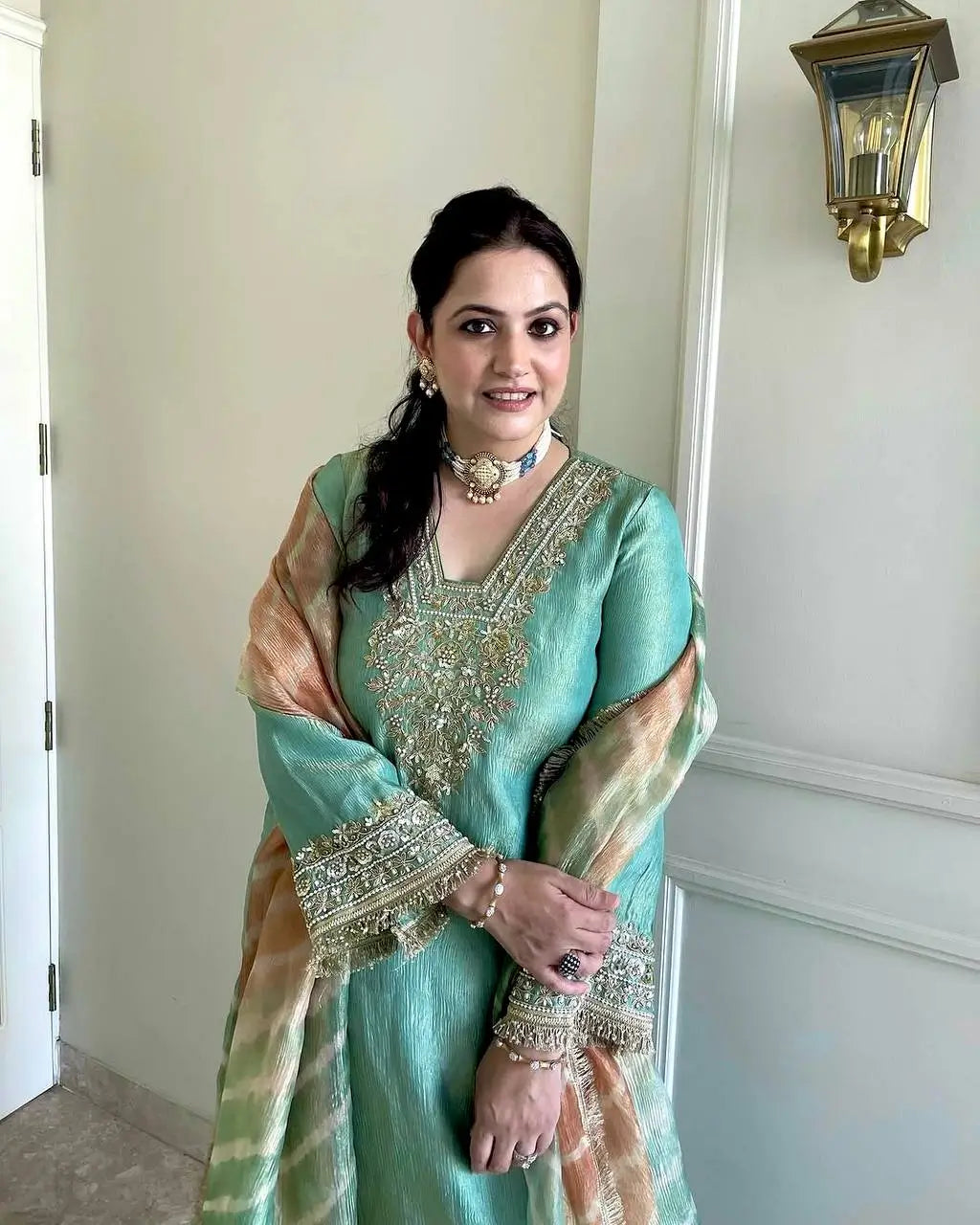 Embroidered Crunchy Silk Palazzo Suit Set
