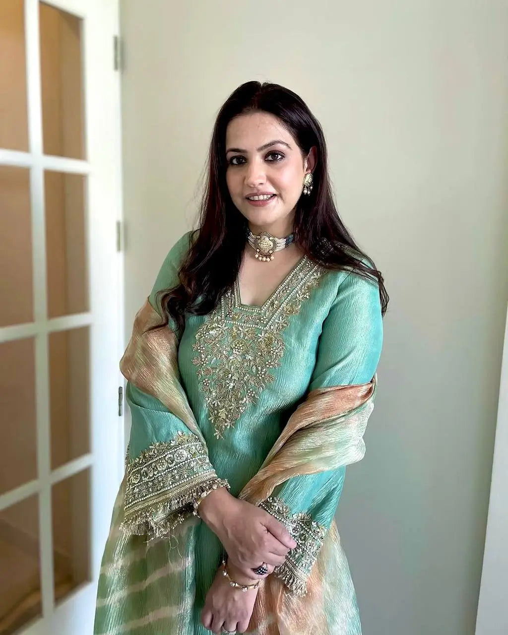 Embroidered Crunchy Silk Palazzo Suit Set