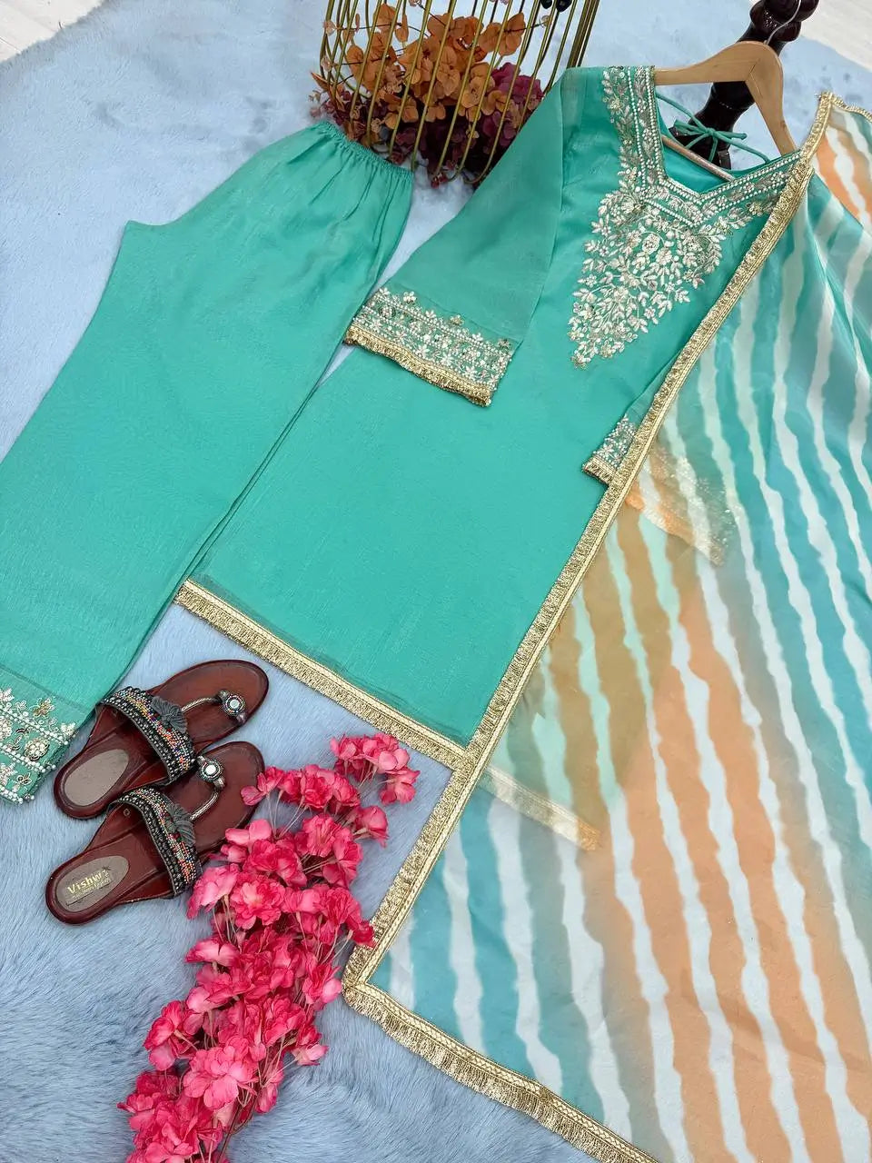 Embroidered Crunchy Silk Palazzo Suit Set
