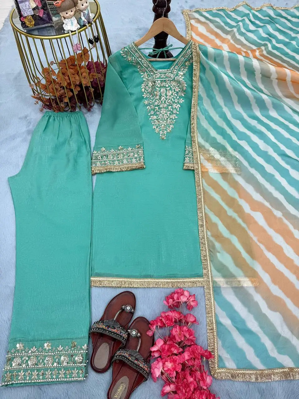 Embroidered Crunchy Silk Palazzo Suit Set