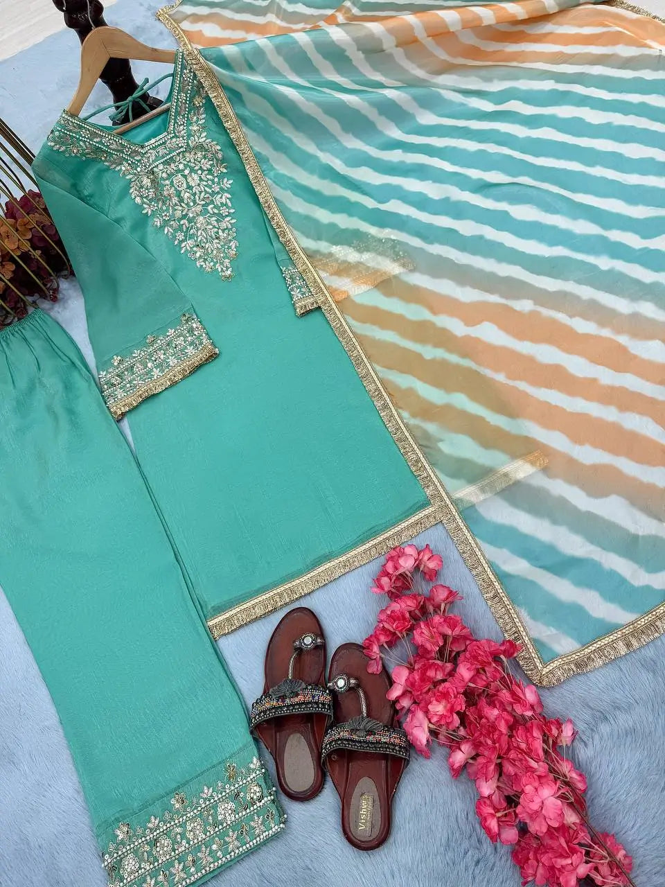 Embroidered Crunchy Silk Palazzo Suit Set