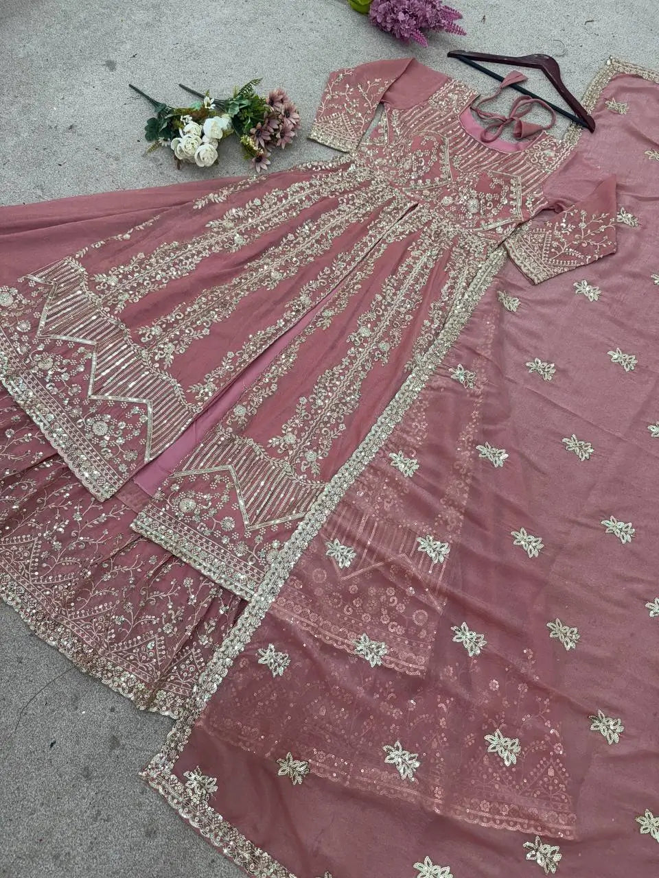 Embroidered Crunchy Silk Palazzo Suit Set