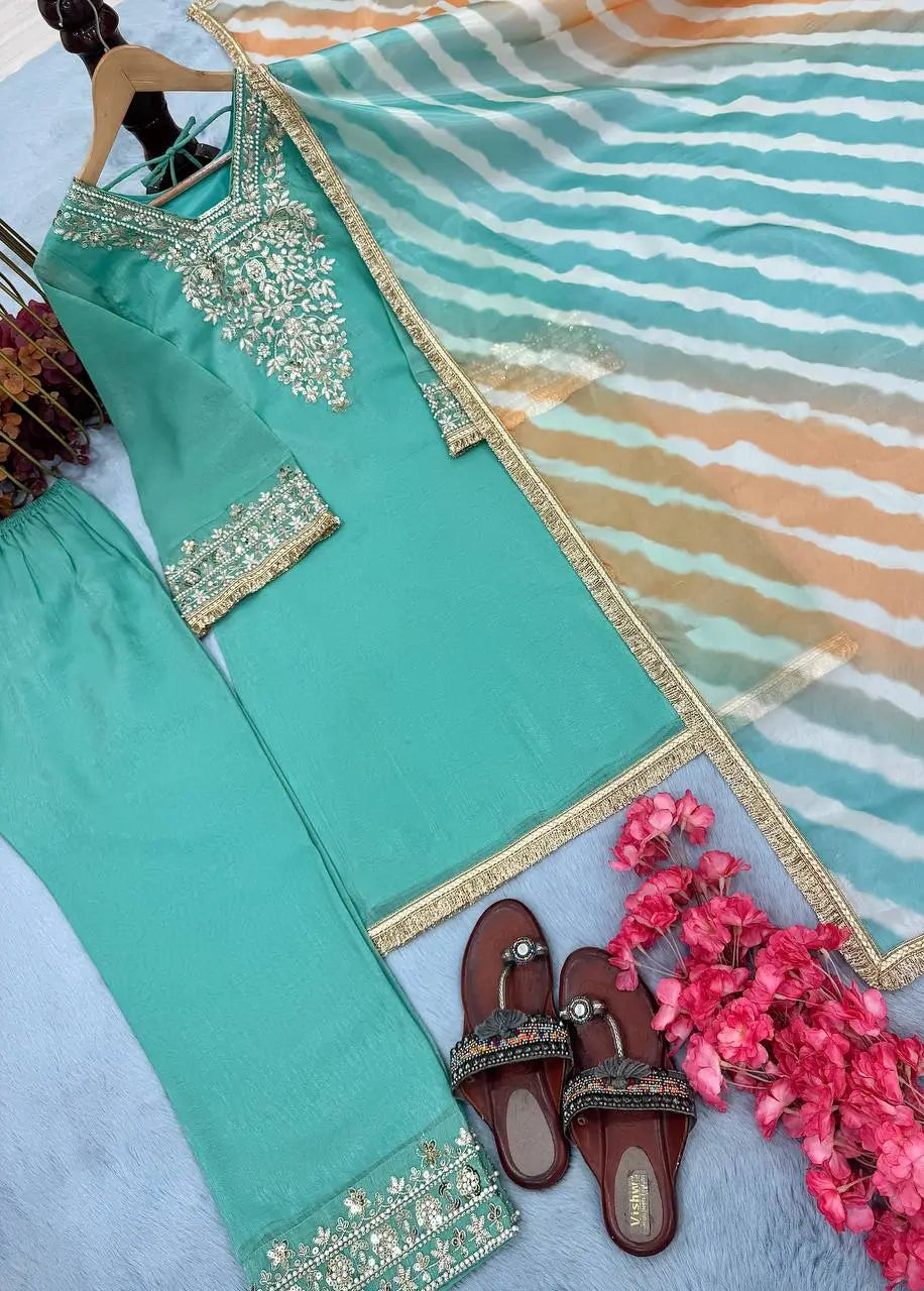 Embroidered Crunchy Silk Palazzo Suit Set