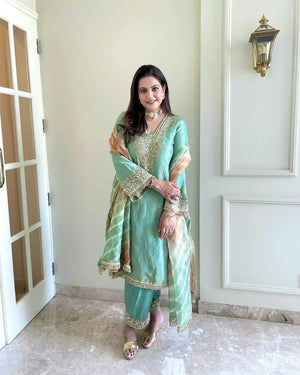 Embroidered Crunchy Silk Palazzo Suit Set